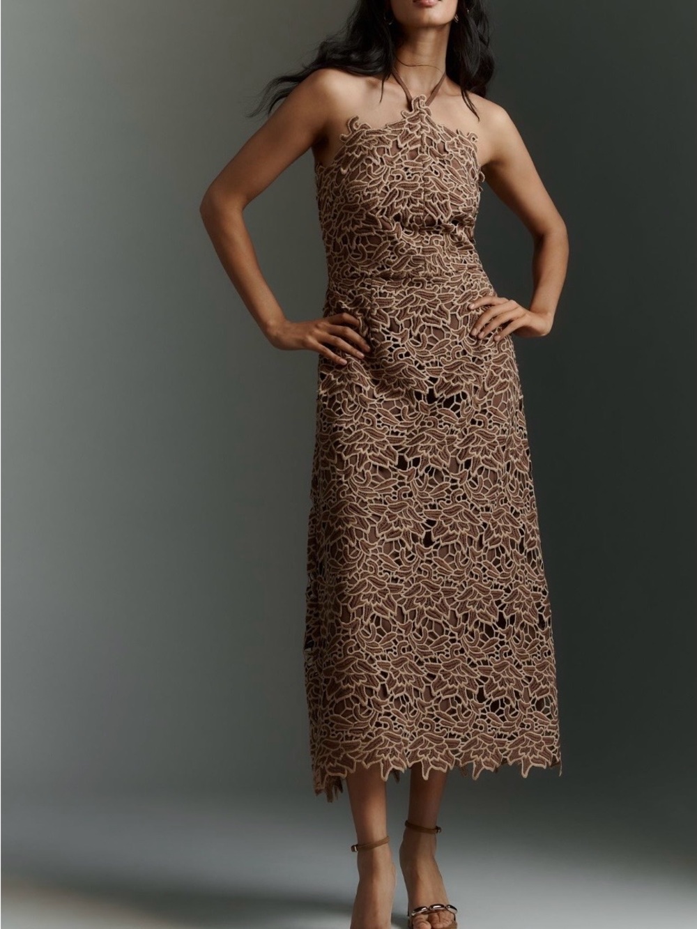 Anthropologie Endless Rose Taupe Brown Lace Halter Midi Dress